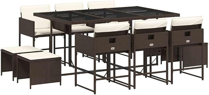 11 Piece Garden Dining Set, Rectangular Outdoor Patio Table with 10 Comfortable Seats, Weather Resistant PE Rattan Furniture for Backyard, Balcony and Deck, Brown
