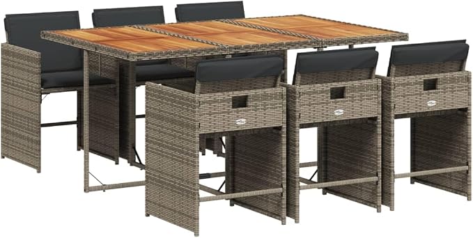 7 Piece Patio Dining Set, Outdoor PE Rattan Furniture with Acacia Wood Table and 6 Foldable Chairs, Comfortable Cushioned Seats for Garden Backyard Balcony