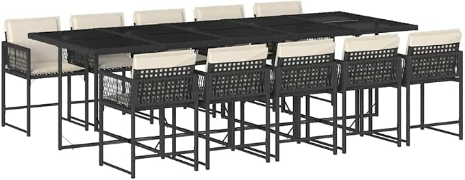 11 Piece Patio Dining Set with Cushions, Black Poly Rattan Outdoor Dining Table and 10 Stackable Chairs for Garden, Backyard, Deck, UV-Proof Tempered Glass Tabletop, Easy Assembly, 242.5 lb Capacity