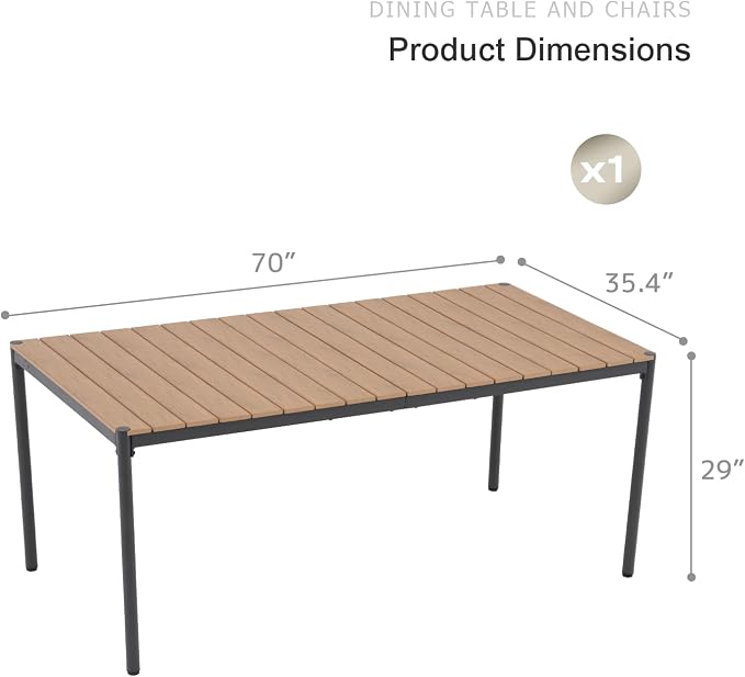 SUNSITT 70’’ Metal Outdoor Patio Dining Table, Weather-Resistant Large Outdoor Rectangle Table/WPC Tabletop & Adjustable Feet for 6-8 Person Porch Deck Garden, Black