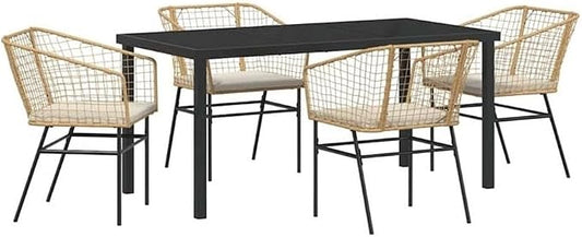 Afuera Living 5 Piece Poly Rattan Patio Dining Set, Brown Finish, Durable Powder-Coated Steel Frame, Easy-Clean Glass Tabletop, UV-Resistant, Outdoor Garden Furniture for 4-Person Seating