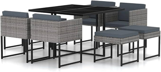 9 Piece Patio Dining Set, 8 Person Outdoor PE Rattan Dining Table and Chairs with Cushions, Space Saving Sectional Conversation Set for Garden, Backyard, Gray