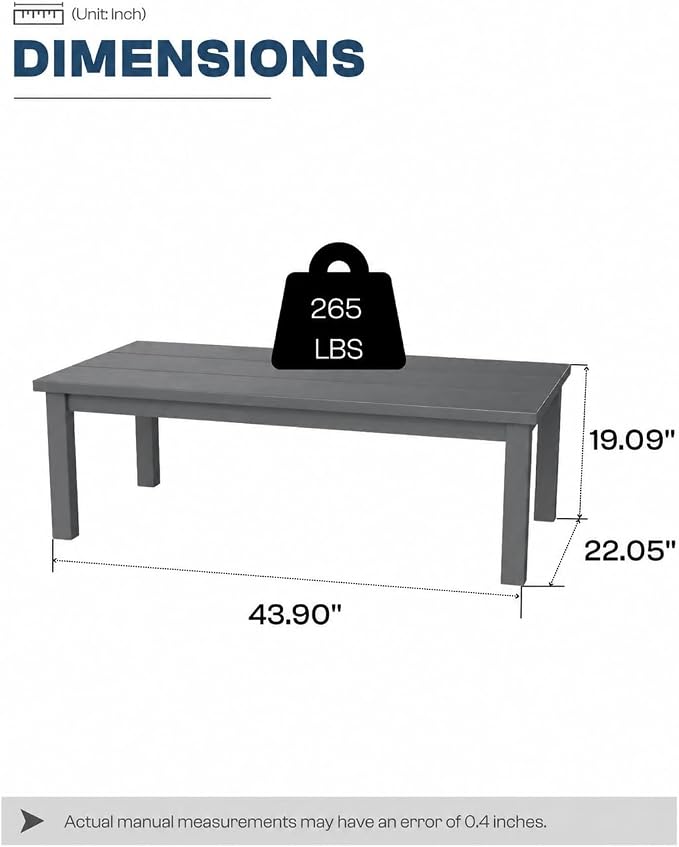 43.9" HDPE Outdoor Coffee Table (Gray) | All-Weather HDPE, Easy Assembly, Low-Maintenance, Large Tabletop, For Patio Deck Poolside Backyard Use