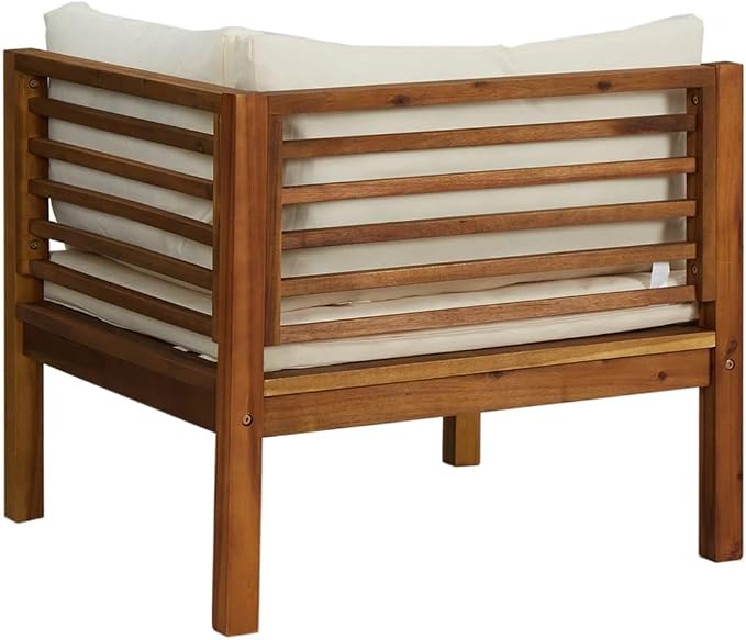 Sectional Corner Sofa with Cream White Cushion, Solid Acacia Wood Single Corner Sofa Chair, Outdoor Conversation Set Sectional Sofa Chair for Porch, Deck, Backyard,-426