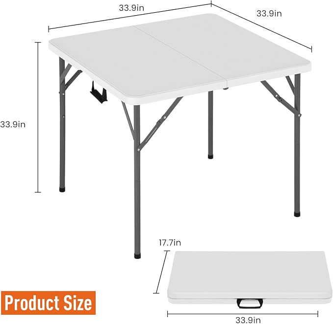 34 Inch Square Folding Table - Heavy Duty Portable Card Table for Indoor & Outdoor, Compact PVC Tabletop with Sturdy Metal Frame, Multi-Purpose for Dining, Parties, Backyard, Poolside, Balcony (White)