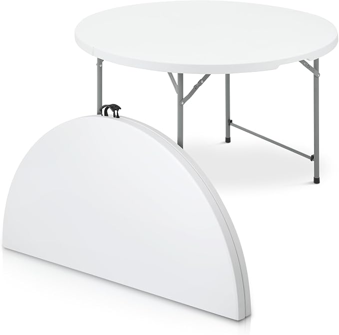 Magshion 48" Round Folding Table, 4 Feet Bi-Folding Plastic Commercial Dining Card Table w/Carrying Handle for Outdoor Wedding Party Event Picnic, White