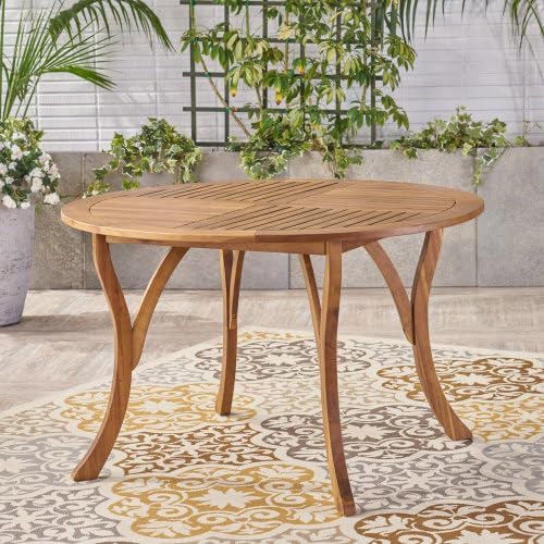 47.25" Round Acacia Wood Dining Table with Teak Finish, Weather-Resistant Slatted Patio Table for Outdoor & Indoor Use