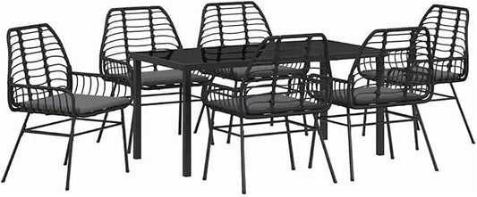 Afuera Living 7 Piece Poly Rattan Garden Dining Set, Black, Weather-Resistant Patio Furniture with Glass Table Top, UV Protection, Comfortable Armrest Seating, Modern Outdoor Dining for Garden or