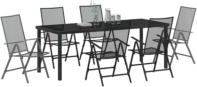 7 Piece Outdoor Dining Set, Anthracite Powder-Coated Steel Patio Furniture, Foldable Garden Table and 6 Chairs, Height-Adjustable Dining Table for Backyard Balcony