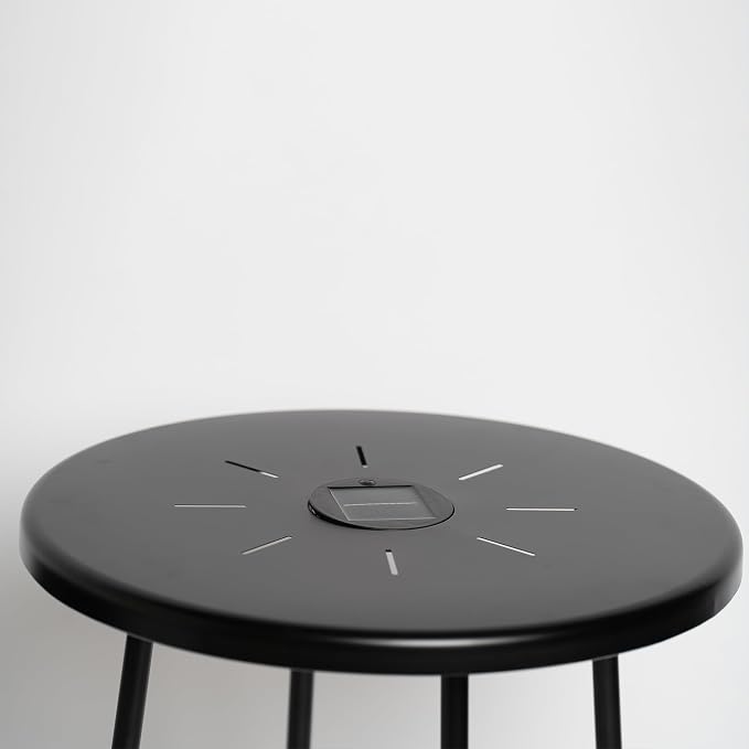 Solar Outdoor Side Table with Light Set of 2, Modern Round Patio Side Tables for Outside, Metal Outdoor End Accent Table for Living Room, Patio, Poolside, Backyard, Garden, Black