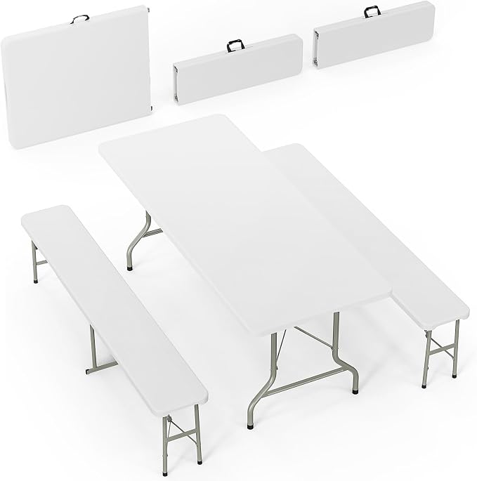 Bonnlo White Folding Picnic Table Set with 2 Benches, 6 Feet Camping Table Chair Set, Modern Portable 3-Piece Furniture for Indoor/Outdoor Use, White Folding Picnic Table with Smooth Tabletop