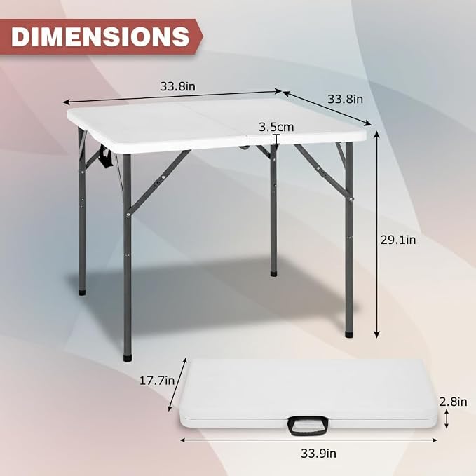 34" Folding Card Table, Heavy Duty Plastic Square Table - Portable & Handle & Lock ，for Camping, BBQ, Party