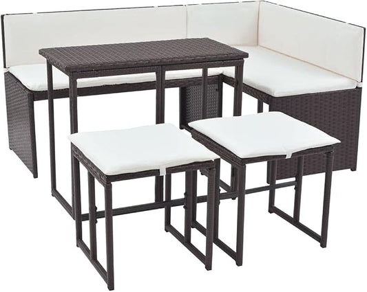 5-Piece Outdoor Furniture Set, Brown Poly Rattan Modular Patio Dining Group with Cream White Cushions for Garden and Terrace, 4-Person Seating Arrangement