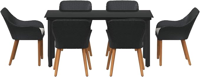 7 Piece Garden Dining Set, Black Poly Rattan Patio Furniture Set with 6 Chairs, Tempered Glass Table and Cushions, Outdoor Table and Chair Set for Backyard Deck Porch