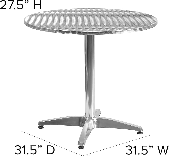 Pemberly Row 31.5" Round Bistro Table, Aluminum and Steel, Stainless Steel Top, Lightweight Design, Commercial and Residential Use, Outdoor/Indoor Patio Dining Table for Sunroom, Balcony, Deck