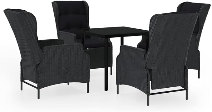 5 Piece Patio Dining Set Dark Gray with Reclining Chairs, Outdoor Rattan Furniture Set for Garden Deck, Glass Top Table, Removable Cushions, Adjustable Backrest