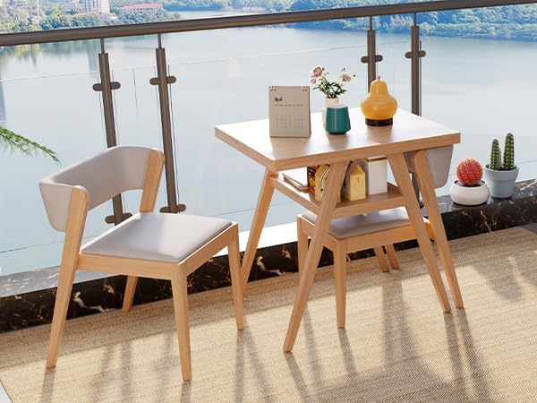 Solid wood Bistro dining table set 3 pcs Outdoor Patio Dining table Set of 2 with upholstered chairs Stackable Chair and Table Design Patio Conversation Set for Lawn,Deck,Backyard,Natural wood color