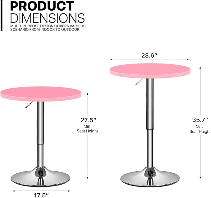 MoNiBloom Bistro Pub Table Round Bar 27.5"- 36" Height-Adjustable Cocktail Table with 23.5 Inch Table Top for Dining Room Home Kitchen Patio Bistro (Pink)