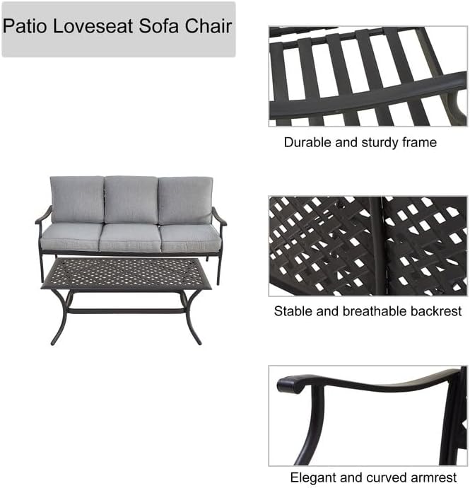 LOKATSE HOME 3 Seat Metal Patio Loveseat Bench Outdoor Furniture Bistro Set with Coffee Table for Lawn Front Porch Garden Yard or Poolside, Grey