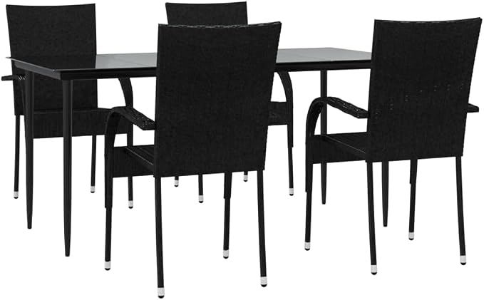 5 Piece Patio Dining Set Black Poly Rattan Outdoor Furniture Table and 4 Chairs with Tempered Glass Top for Garden Backyard Deck Entertaining
