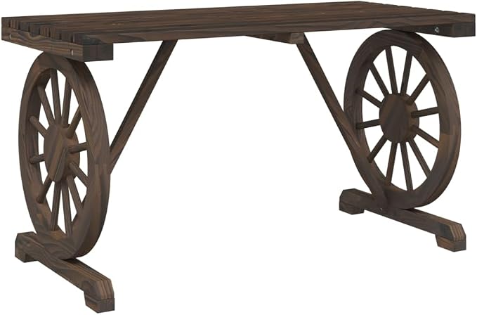 Wooden Patio Table with a Wagon Wheel Design, Wooden Garden Table for Patio, Backyard, 45.3"x21.7"x25.6" Solid Wood Fir,-312