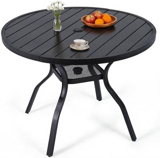 41" Round Outdoor Dining Table for 4 Person, Metal Patio Dining Table with Adjustable Umbrella Hole, Partitioned Storage Shelf for Garden, Backyard and Porch, Black
