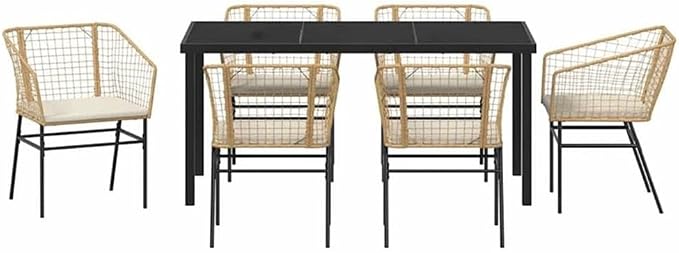 Afuera Living 7 Piece Patio Dining Set, Poly Rattan and Steel Frame, Brown Finish, UV-Resistant, Glass Tabletop, Seating for 6, Durable Outdoor Furniture for Garden or Patio Gatherings