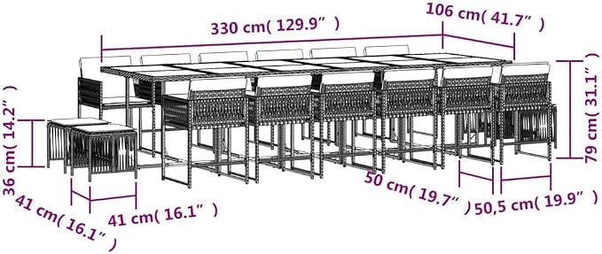 17-Piece 16-Person Outdoor Patio Dining Set with Cushions, Large 130 Inch Rectangular Tempered Glass Table and Foldable Rattan Chairs for Garden and Backyard, Black and Cream