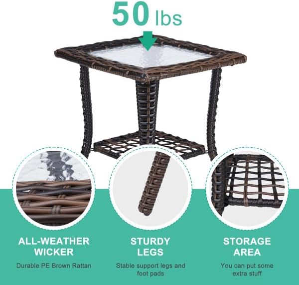Outdoor Wicker Side Table, Rattan End with Glass Top, Patio Coffee Bistro for Indoor Garden Porch Balcony (Brown)