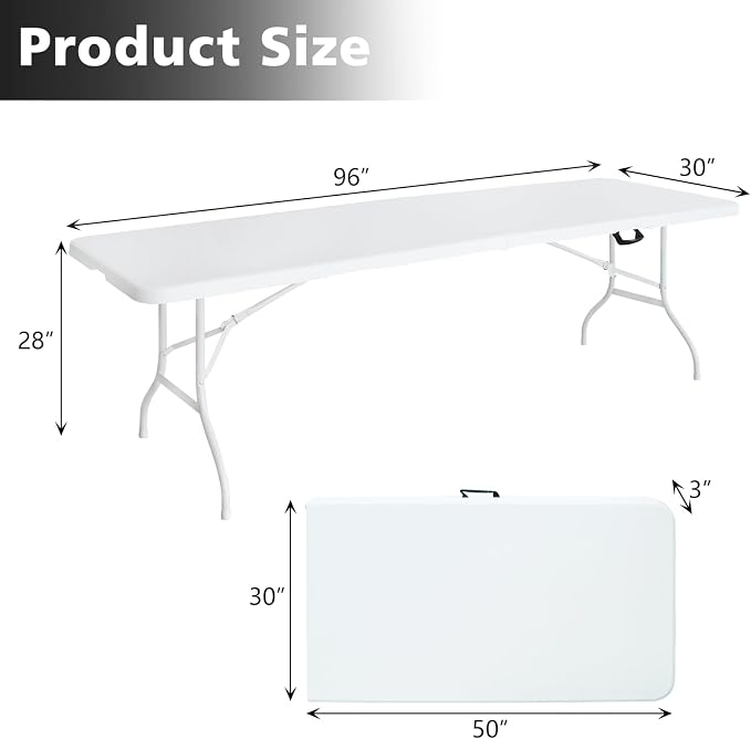 Portable 8Ft Folding Table, Heavy Duty Plastic Fold-in-Half Utility Foldable Dining Table, Multi-Purpose Plastic Folding Table with Carrying Handle for Camping and Party Indoor/Outdoor (White)