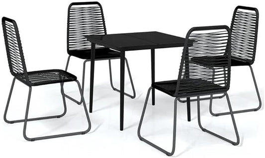 BOWERY HILL Contemporary 5-Piece Garden Dining Set, Powder-Coated Steel and PE Rattan, Black Finish, Tempered Glass Table, Weather-Resistant, Modern Patio Furniture for Outdoor Balcony or Terrace