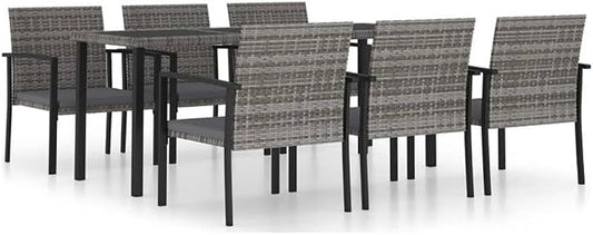 BOWERY HILL Patio Dining Set, Poly Rattan, Powder-Coated Steel, Glass Top, Gray and Black Finish, Seats 6, Weather-Resistant, Cushioned Chairs, Modern Outdoor Furniture for Garden or Patio Use