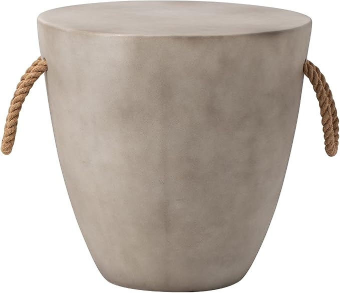 HOMPUS Outdoor Side Table Round, Concrete Accent Modern End Table w Rope Handle, Patio Drum Coffee Table, Garden Planter Stool Decor for Backyard, Indoor, Living Room, Light Gray