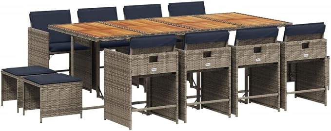 13 Piece Garden Dining Set, Patio Furniture with Foldable Chairs and Stools, Space Saving Cube Table for Backyard, Grey PE Rattan and Acacia Wood