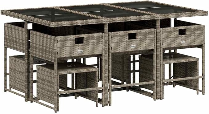 10-Seater Garden Dining Set, Rectangular Patio Table with 6 Chairs and 4 Stools, Outdoor Rattan Furniture for Backyard, Deck, and Terrace, Grey
