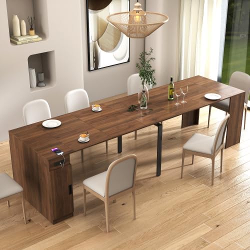 23.62”-118.11” Extendable Dining Room Table, 1-10 People Wood Long Foldable Tables with Storage Cabinet & Outlet, Space Saving Expanding Table with for Kitchen, Living Room, Party, Walnut