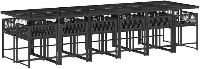 12-Seater PE Rattan Outdoor Dining Set with Cushions, Black/Cream | Includes a tempered glass tabletop and steel frame, ideal for large family gatherings in the patio or backyard.