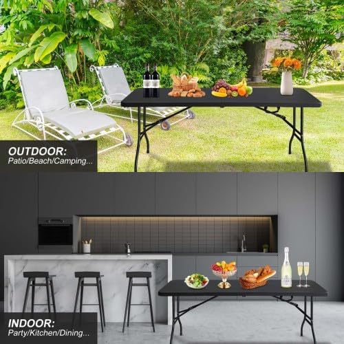 IDEALHOUSE 6 Ft Plastic Folding Table, Portable Fold-in-Half Table with Iron Legs, Carrying Handle, Outdoor Rectangular Fold Out Table for Dining, Picnic, Party, Camping, Barbecues, Black