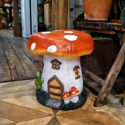 13.4" Mushroom House Resin Stool, Fairy Forest Sculpture Decorative Seat, Multifunctional Ornament for Indoor Outdoor Garden Lawn Courtyard Home Decoration (Red Mushroom)