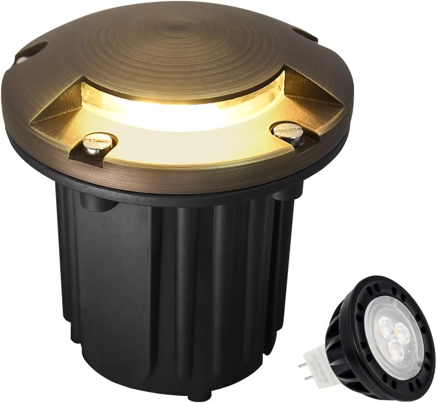 MALORY Low Voltage Landscape Well Lights,（φ126 mm 12V Brass Top Cover Outdoor In Ground Lights,Landscape Lighting for Pathway, Driveway and Garden (One-Direction Turret, 1-Pack with Bulb)