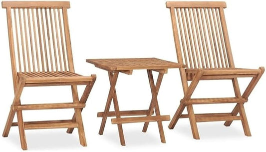 BOWERY HILL 3-Piece Folding Patio Dining Set, Solid Teak Wood, Brown Finish, Compact Table and 2 Chairs with Weather-Resistant Cushions, Modern Design for Outdoor Terrace, Balcony, or Garden Dining