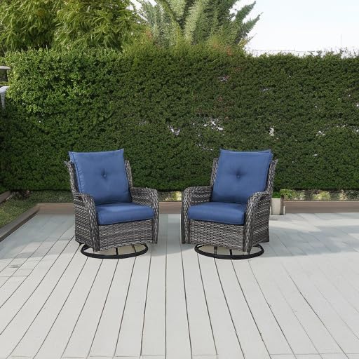 HUMMUH Outdoor Swivel Rocker Wicker Patio Chairs, Set of 2, Grey and Blue | 360° swivel and rocking motion, 5 in polyester cushions, wicker construction, for porch, balcony, deck, and patio