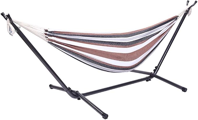 Professional Black & Silver Flowers Hammock Stand with Polyester Coffee Stripe Hammock