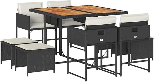 9 Piece Garden Dining Set for 8, Black Brown Acacia Wood | Poly Rattan, Cream White Washable Cushions, Foldable Chairs, Patio Table