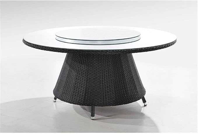 Manhattan Comfort Nightingdale 7 Piece Outdoor Dining Set with Round Glass Lazy Susan | Includes 6 Rattan Chairs, Water-Repellent Cushions and Toss Pillows, Patio Furniture, Black/Sky Blue/White