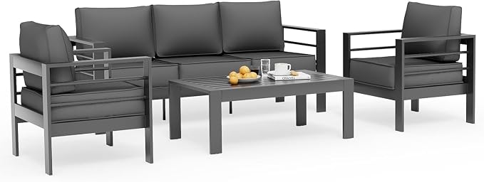 UDPATIO Aluminum Outdoor Furniture Set, 3.2'' Wide Armrest, 240g Premium Olefin Fabric All-Weather & UV-Resistant Patio Furniture Set for Deck, Backyard, Poolside, Dark Gray