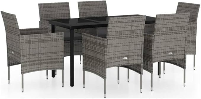 BOWERY HILL 7 Piece Outdoor Patio Dining Set, Glass Tabletop, Durable PE Rattan and Powder-Coated Steel, Gray and Black Finish, Weather-Resistant Garden Furniture for Terrace and Balcony