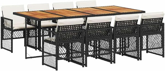 Modern 9-Piece Garden Dining Set with Black PE Rattan and Acacia Wood, Large Foldable Design for 8 People, Comfortable Cream Cushions for Patio or Balcony