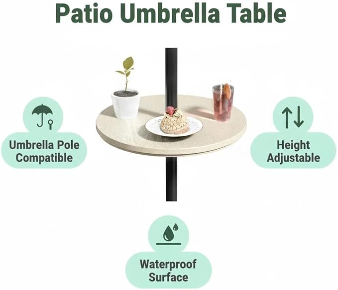 Umbrella Table, Umbrella Side Table, Patio Umbrella Table Tray with Hole, Beach Umbrella Base Table, Outdoor Table with Umbrella Hole for Garden, Balcony, Deck, Poolside, Beige