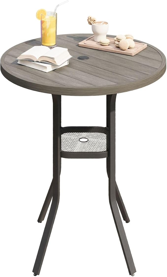 DIFY Patio Bar Height Table, 35.5" Round Outdoor Bistro Table with 1.57" Umbrella Hole for Poolside, Balcony, Pub and Garden, Grey Wood-Like